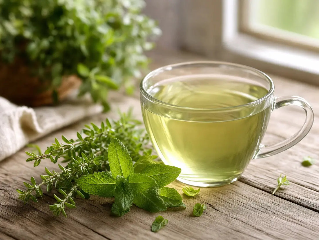 A cup of summer savory and mint herbal tea with fresh sprigs