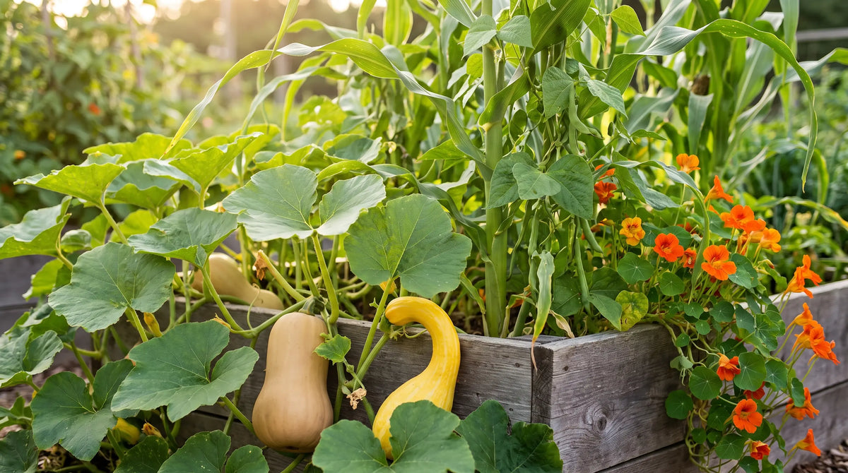 Squash companion plants growing in a Three Sisters garden bed with corn, beans, and nasturtiums - Organo Republic