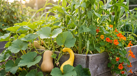 Squash companion plants growing in a Three Sisters garden bed with corn, beans, and nasturtiums - Organo Republic