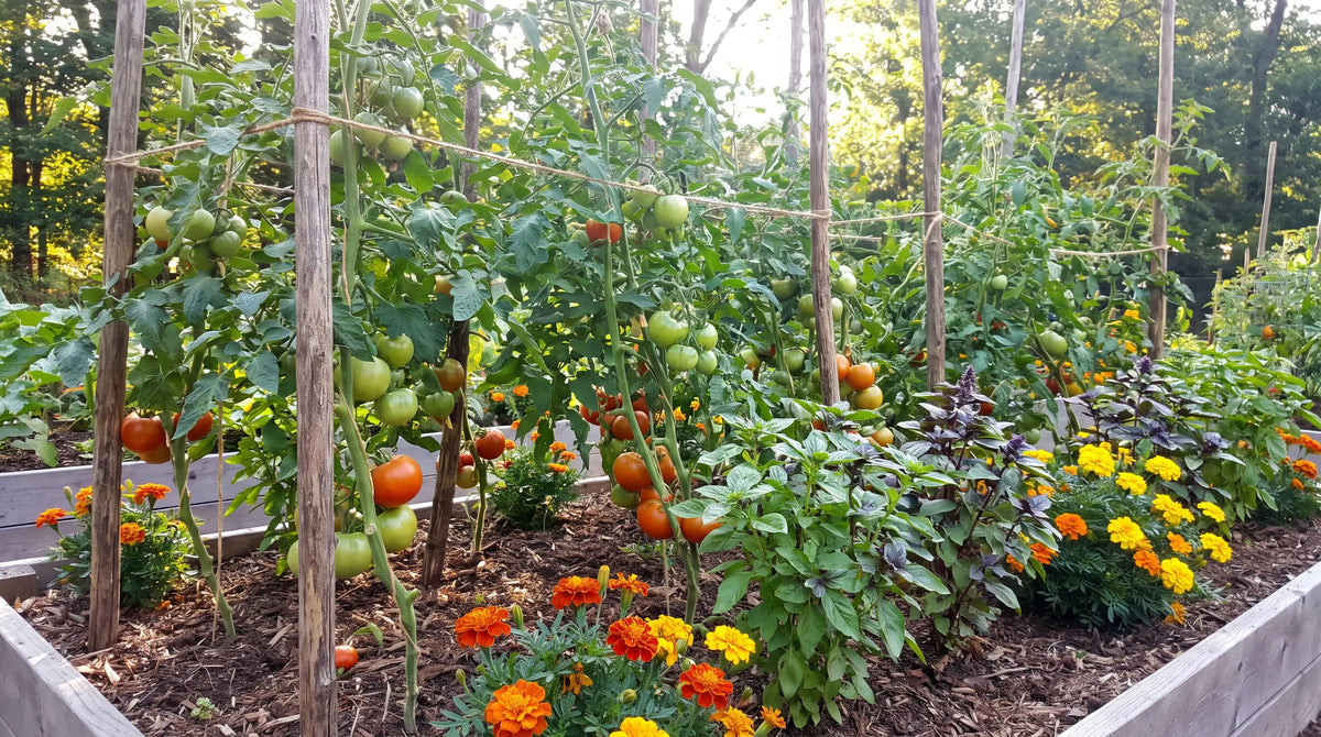 Staked tomato plants interplanted with basil and marigolds in a garden bed