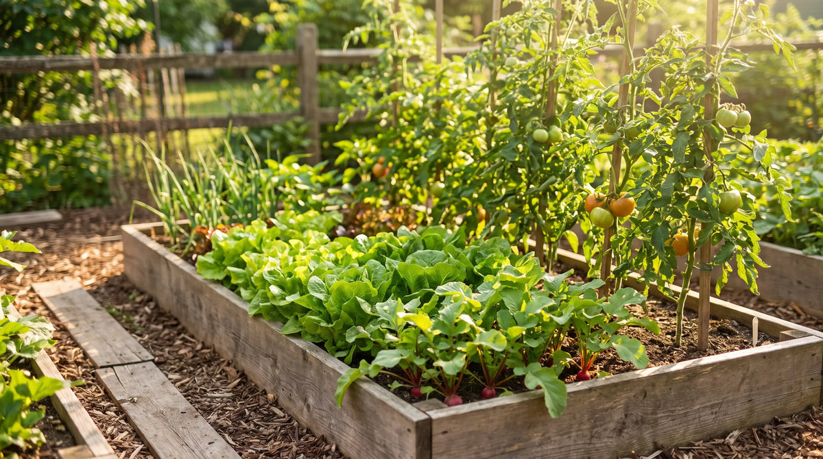 Backyard raised bed with leaf lettuce, radishes and staked tomato plants growing in summer sun