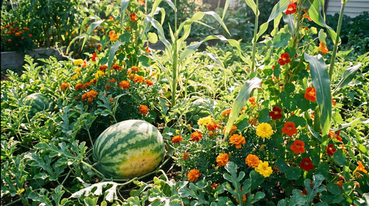 Watermelon growing among marigolds, nasturtiums and corn in a companion planted garden bed