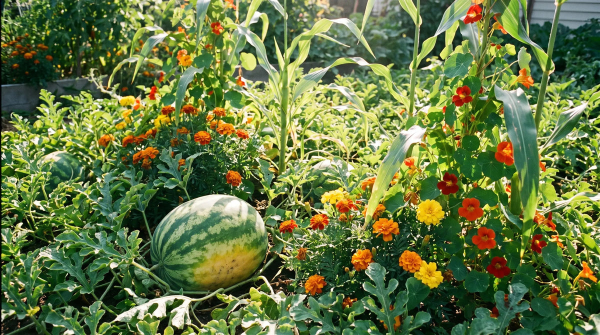 Watermelon growing among marigolds, nasturtiums and corn in a companion planted garden bed