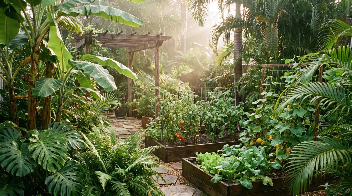 Zone 12 tropical garden with raised beds of tomatoes, eggplant and lettuce among palms and banana plants