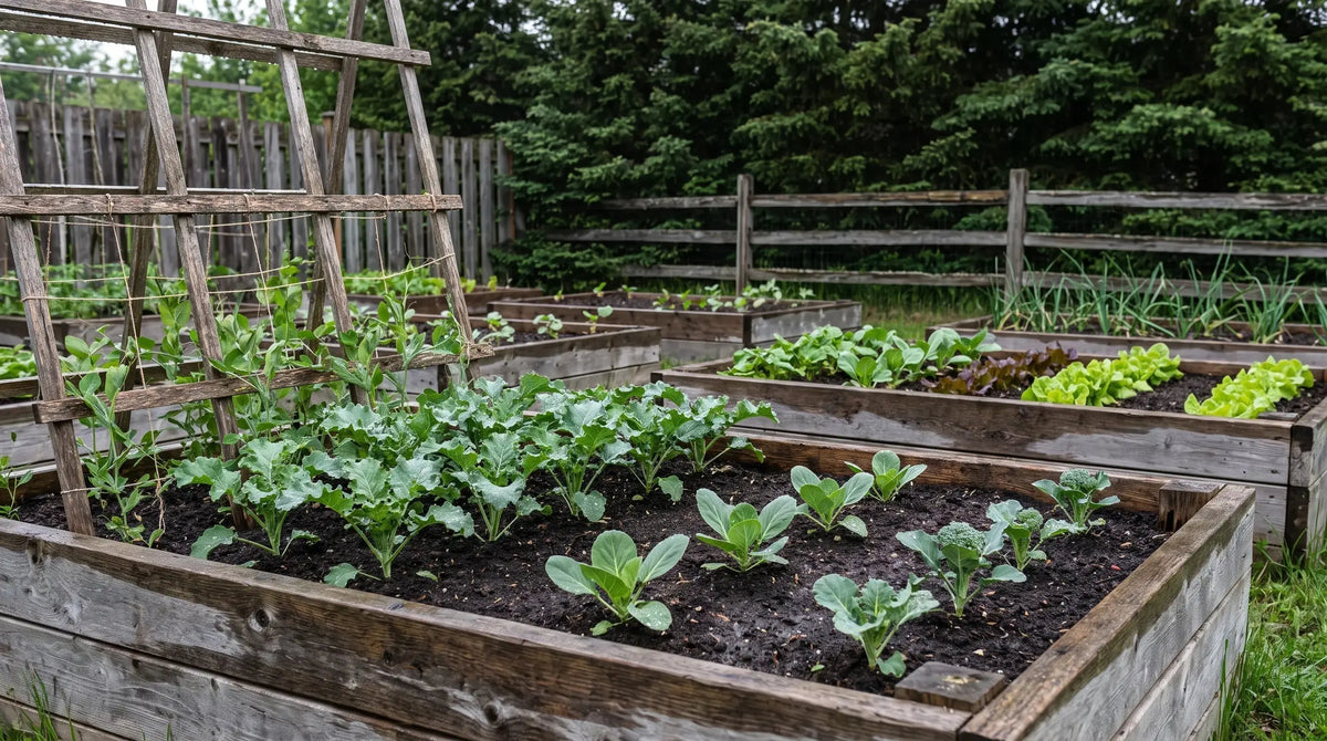 Cool-climate northern Zone 4 home vegetable garden with raised beds