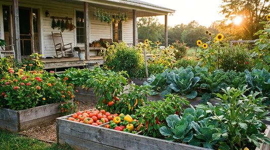 Zone 8 backyard garden with raised beds of tomatoes, peppers, kale and sunflowers by a farmhouse porch