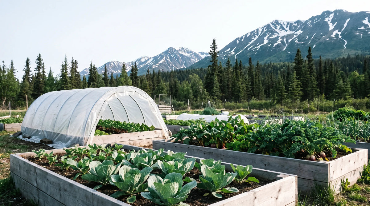 Raised beds and a low row tunnel in a short-season northern garden, with a spruce treeline and snow-streaked mountains behind