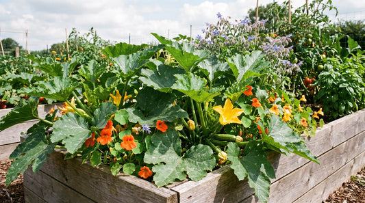 Zucchini plants with yellow blossoms interplanted with nasturtiums and borage in a garden bed - Organo Republic