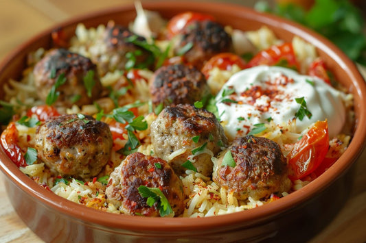 Baked Rice With Slow Roasted Tomatoes & Feta Lamb Meatballs - Organo Republic