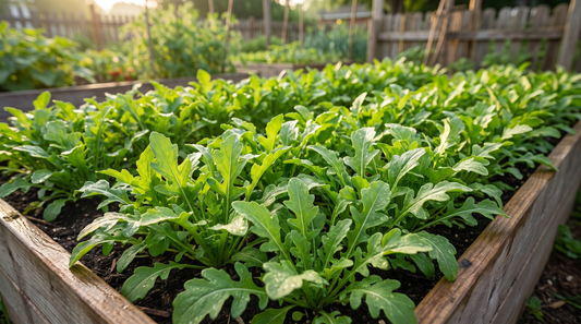 Lush full-grown arugula plants filling a raised garden bed at salad-harvest size