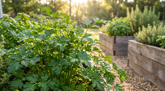 Lush full-grown Italian flat-leaf parsley plant in a sunny raised-bed herb garden