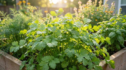 Lush full-grown cilantro plant with bright green leaves in a sunny raised-bed herb garden