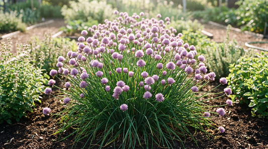 How to grow chives: a lush clump of chives with purple flowers in a sunny herb garden
