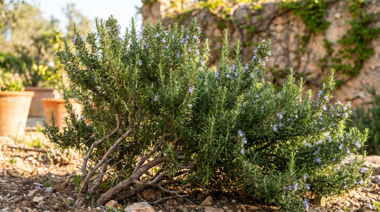 Mature bushy rosemary plant in a sunny Mediterranean garden