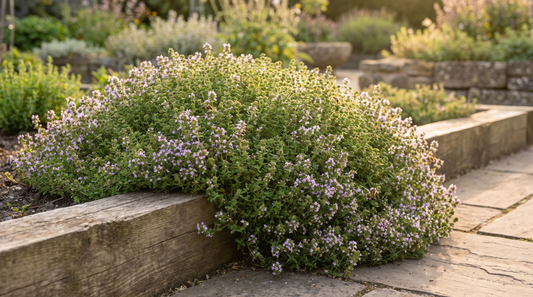 Mature thyme spilling over a raised bed with tiny purple flowers