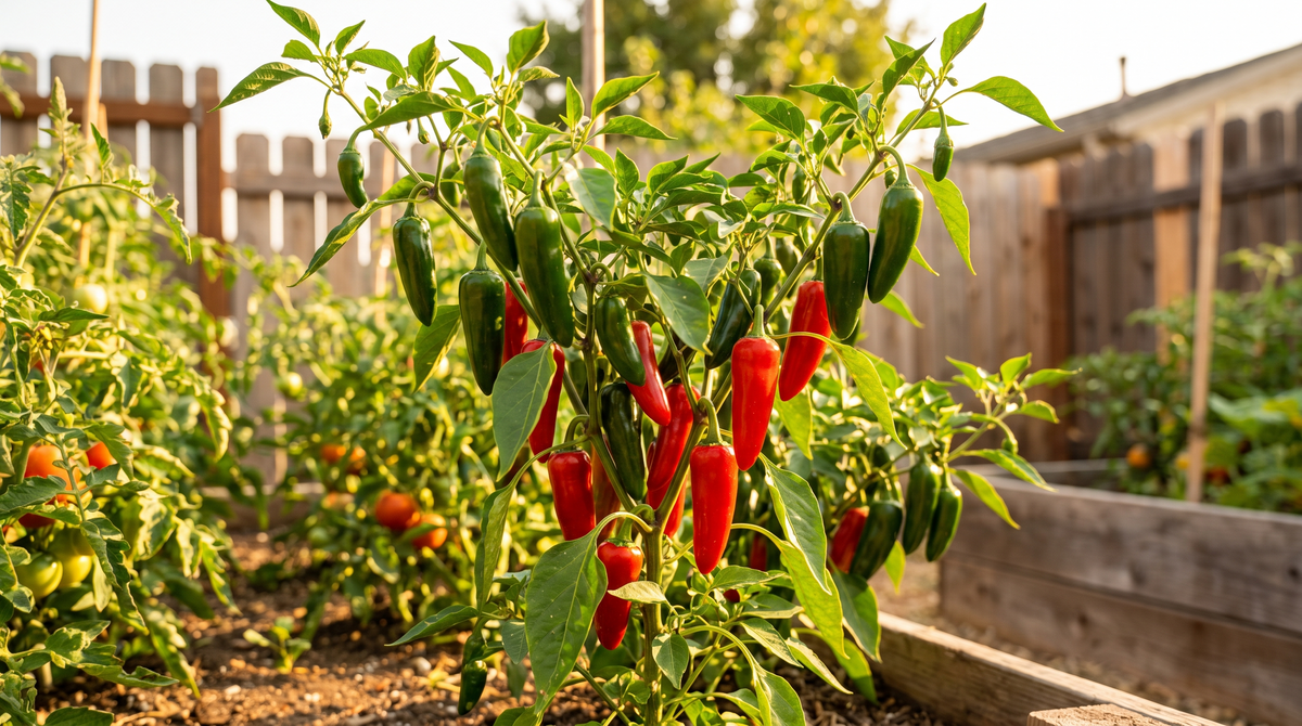 Fresno pepper plant with ripe fruit