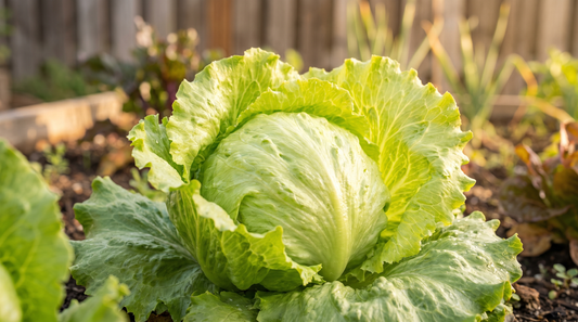 A healthy Iceberg crisphead lettuce with a dense round pale-green head in a sunny garden