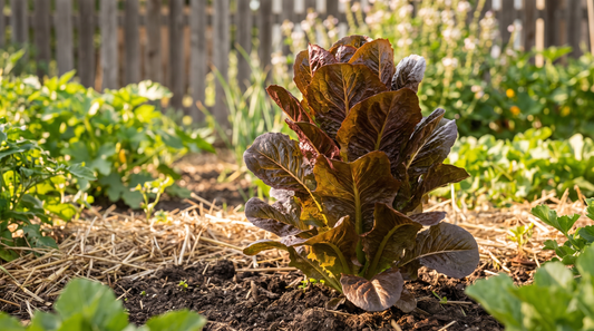 A healthy Cimarron Red romaine lettuce with bronze-red upright leaves in a sunny garden