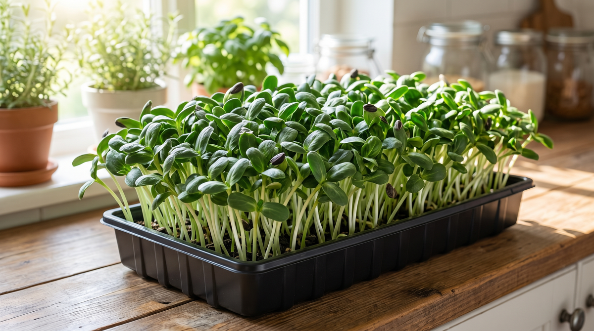 Sunflower microgreens growing in a dense tray at harvest stage