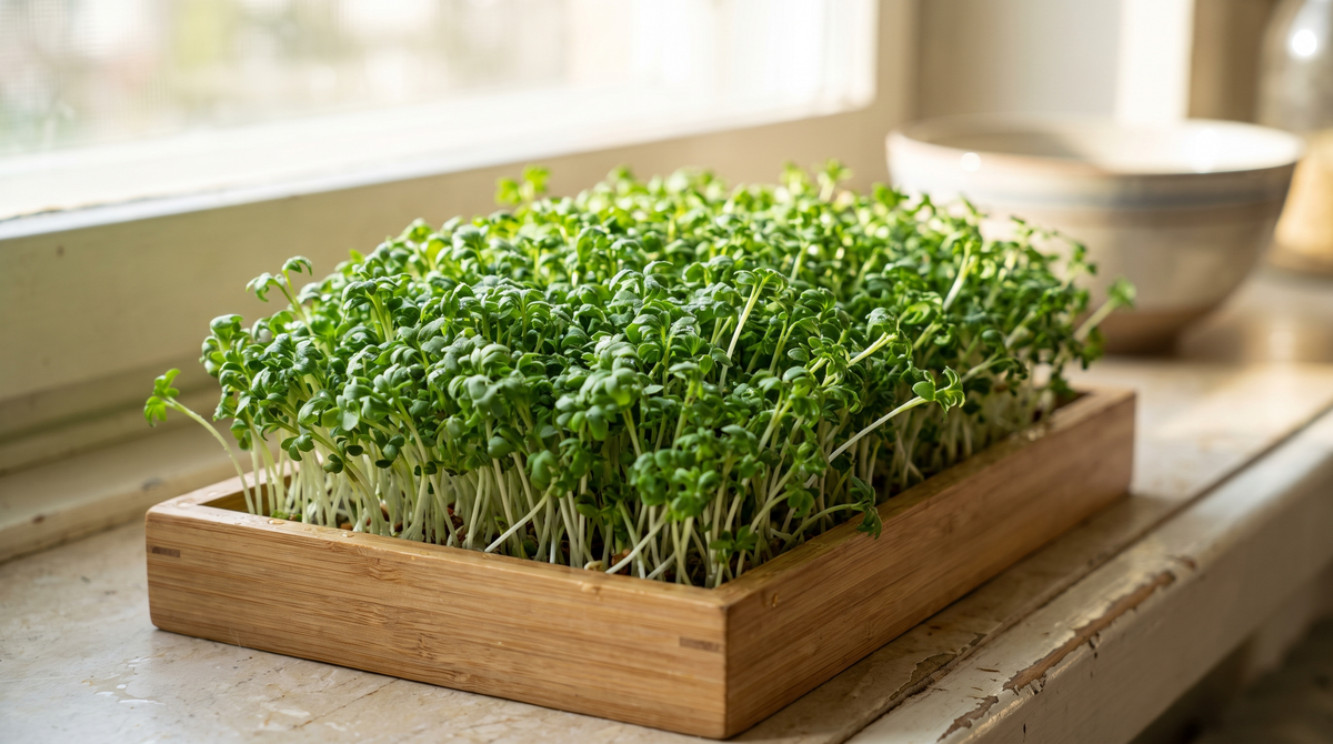 Curled cress microgreens at harvest stage in a tray