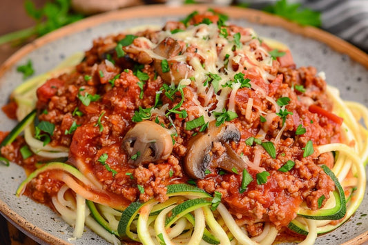 Zucchini Noodle Spaghetti With Farm Stand Tomato & Meat Sauce - Organo Republic