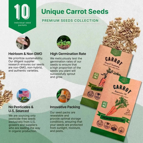10 Unique Carrot Seeds Variety Pack - 7,550+ Non - GMO Heirloom Carrot Seeds for Outdoor & Indoor Home Gardening - Organo Republic