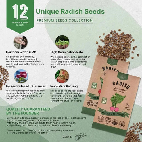 12 Radish Seeds Variety Pack - Over 4080 Non - GMO, Heirloom Seeds - Organo Republic