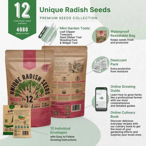 12 Radish Seeds Variety Pack - Over 4080 Non - GMO, Heirloom Seeds - Organo Republic