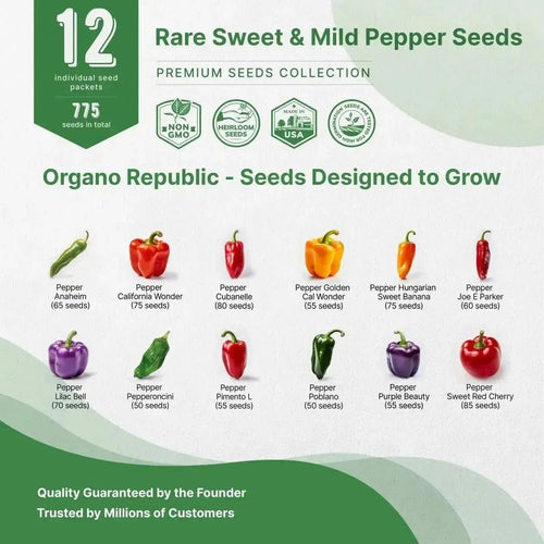 12 Rare Sweet & Mild Pepper Seeds Variety Pack - 770+ Non - GMO Heirloom Pepper Seeds for Outdoor and Indoor Home Gardening - Organo Republic