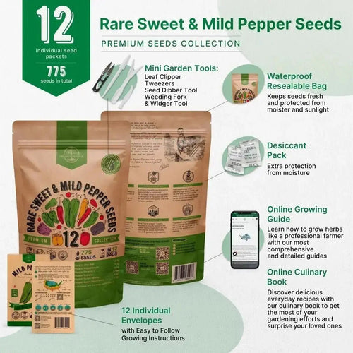 12 Rare Sweet & Mild Pepper Seeds Variety Pack - 770+ Non - GMO Heirloom Pepper Seeds for Outdoor and Indoor Home Gardening - Organo Republic