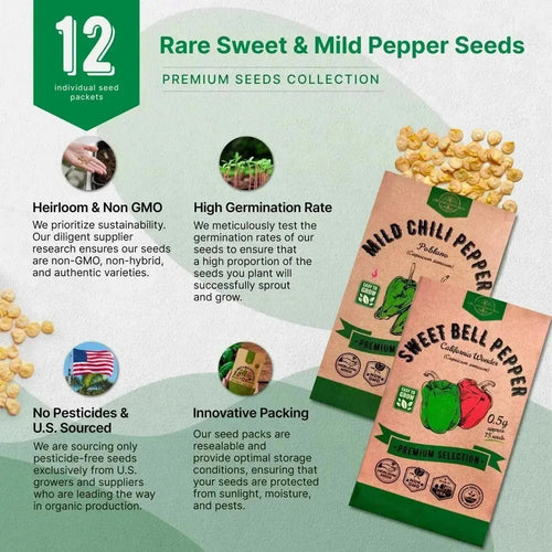 12 Rare Sweet & Mild Pepper Seeds Variety Pack - 770+ Non - GMO Heirloom Pepper Seeds for Outdoor and Indoor Home Gardening - Organo Republic