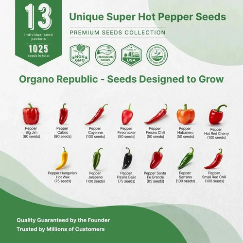 13 Unique Super Hot Pepper Seeds Variety Pack - 1,020+ Non - GMO Heirloom Pepper Seeds for Outdoor and Indoor Home Gardening - Organo Republic