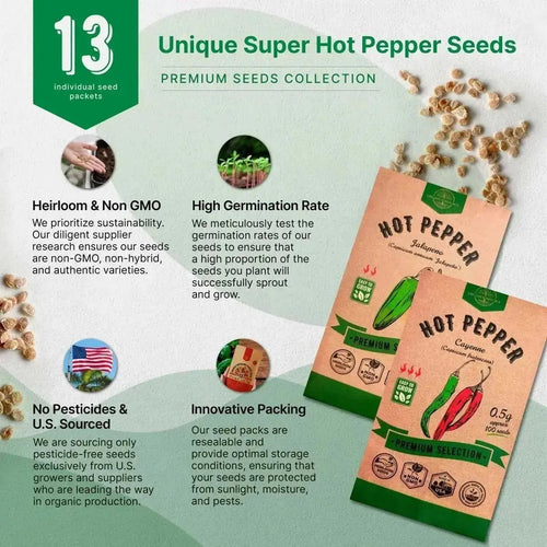 13 Unique Super Hot Pepper Seeds Variety Pack - 1,020+ Non - GMO Heirloom Pepper Seeds for Outdoor and Indoor Home Gardening - Organo Republic
