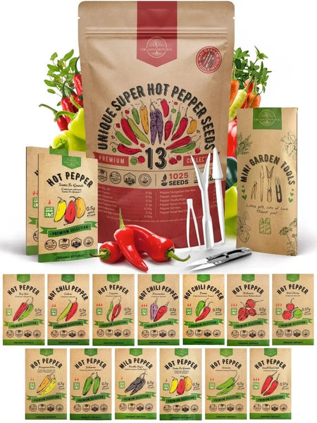 13 Unique Super Hot Pepper Seeds Variety Pack - 1,020+ Non - GMO Heirloom Pepper Seeds for Outdoor and Indoor Home Gardening - Organo Republic