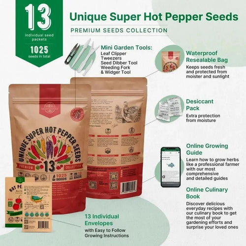 13 Unique Super Hot Pepper Seeds Variety Pack - 1,020+ Non - GMO Heirloom Pepper Seeds for Outdoor and Indoor Home Gardening - Organo Republic