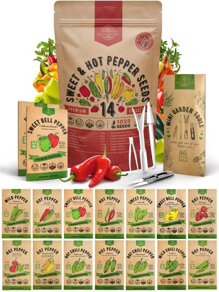 14 Sweet & Hot Peppers Seeds Variety Pack - 1,030+ Non - GMO Heirloom Pepper Seeds for Outdoor and Indoor Home Gardening - Organo Republic