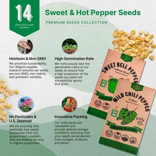 14 Sweet & Hot Peppers Seeds Variety Pack - 1,030+ Non - GMO Heirloom Pepper Seeds for Outdoor and Indoor Home Gardening - Organo Republic