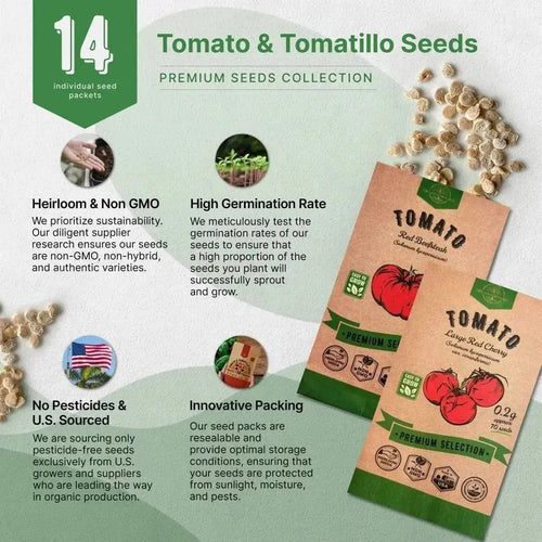 14 Unique Tomato and Tomatillo Variety Pack - Over 1000 Non - GMO, Heirloom Tomato Seeds - Organo Republic