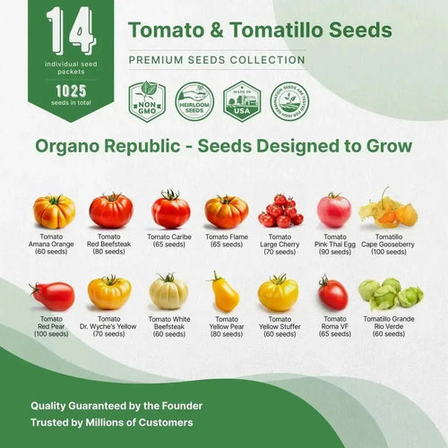 14 Unique Tomato and Tomatillo Variety Pack - Over 1000 Non - GMO, Heirloom Tomato Seeds - Organo Republic