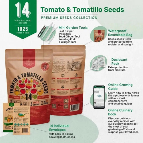 14 Unique Tomato and Tomatillo Variety Pack - Over 1000 Non - GMO, Heirloom Tomato Seeds - Organo Republic