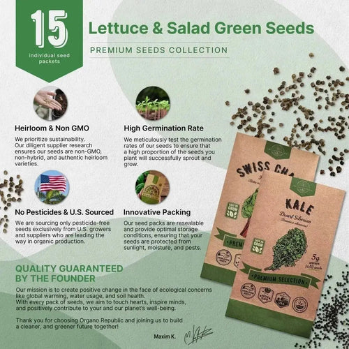 15 Lettuce & Salad Greens Seeds Variety Pack - Over 17,700 Non - GMO, Heirloom Seeds - Organo Republic