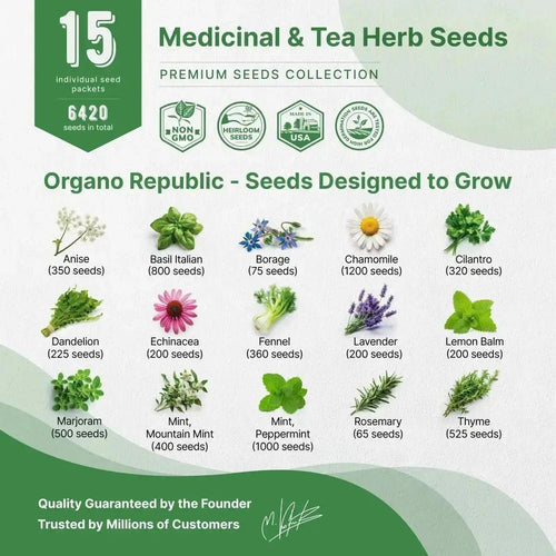 15 Medicinal & Tea Herb Seeds Variety Pack Non - GMO Heirloom Seeds for Planting - Organo Republic