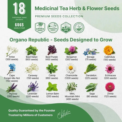 18 Medicinal Tea Herb & Flower Seeds Variety Pack for Planting Indoor & Outdoors. - Organo Republic