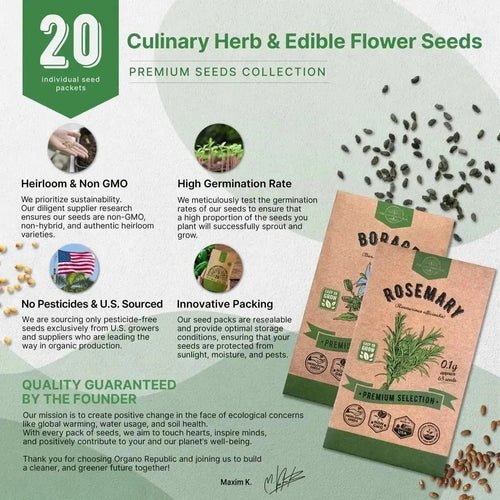20 Culinary Herbs & Edible Flower Seeds Variety Pack for Planting Indoor & Outdoors - Organo Republic