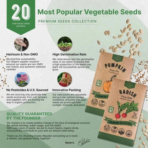 20 Vegetable Seeds Variety Pack, 12,400+ Non GMO Heirloom Vegetable Seeds for Planting Vegetables in Bulk Individual Seed Packets, Rare Seeds. - Organo Republic