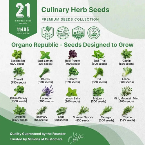 21 Culinary Herb Seeds Variety Pack - Heirloom, Non - GMO, Herbs Seeds for Planting - Organo Republic