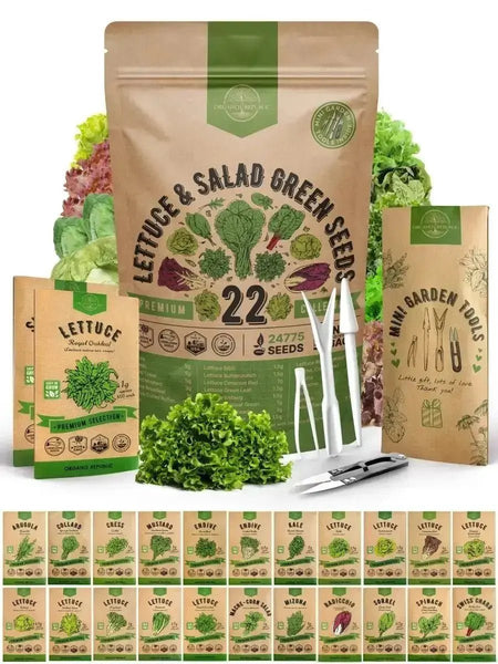 22 Lettuce & Salad Greens Seeds Variety Pack 24,700 Non - GMO Heirloom Lettuce Seeds - Organo Republic