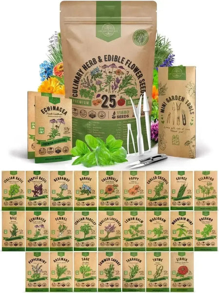 25 Culinary Herbs & Edible Flower Seeds Variety Pack for Planting Indoor & Outdoors. - Organo Republic