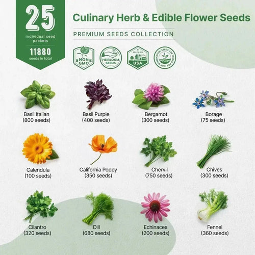 25 Culinary Herbs & Edible Flower Seeds Variety Pack for Planting Indoor & Outdoors. - Organo Republic