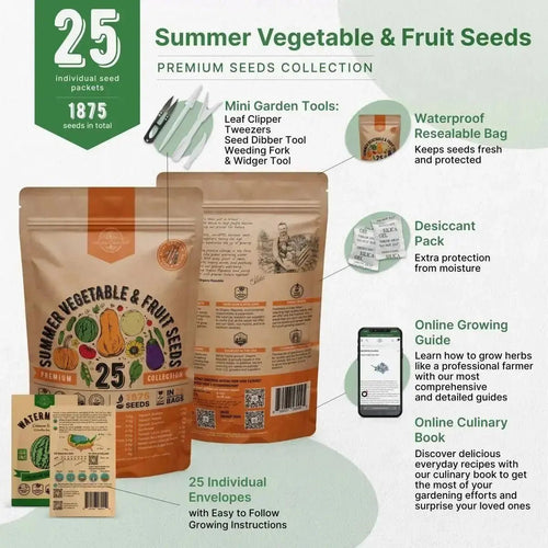 25 Summer Fruit & Vegetable Seeds Variety Pack - 1800+ Non GMO Heirloom Seeds in Bulk Individual Seed Packets, Rare Vegetable Garden Seeds. - Organo Republic